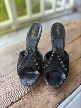 Vintage 1950s Marquise Springolator Black Suede Rhinestone Mule Heels 5 5.5